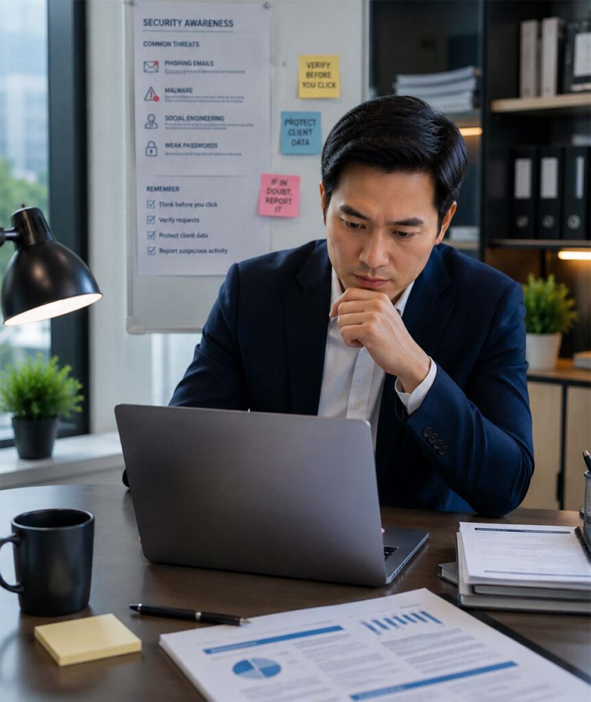 Asian financial professional carefully reviewing laptop and documents to identify cybersecurity risks in a modern office